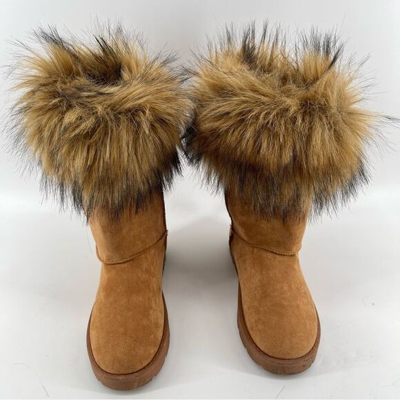 Bamboo Women’s Brown Round Toe Vegan Suede Faux Fur Tall Platform Boots Size 8 - Picture 4 of 17